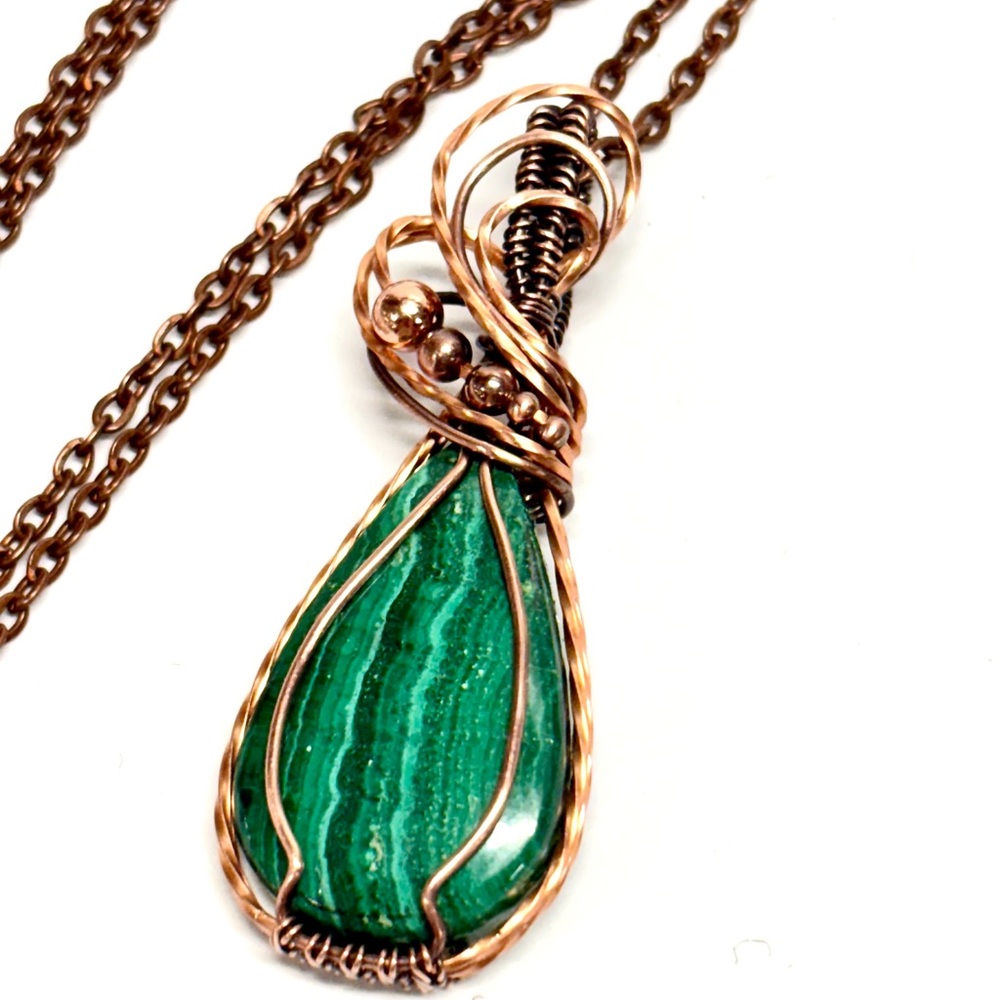 HANDMADE Malachite Hand Wrapped Copper and Copper Bead Pendant, Gift for Her - Picture 7 of 10